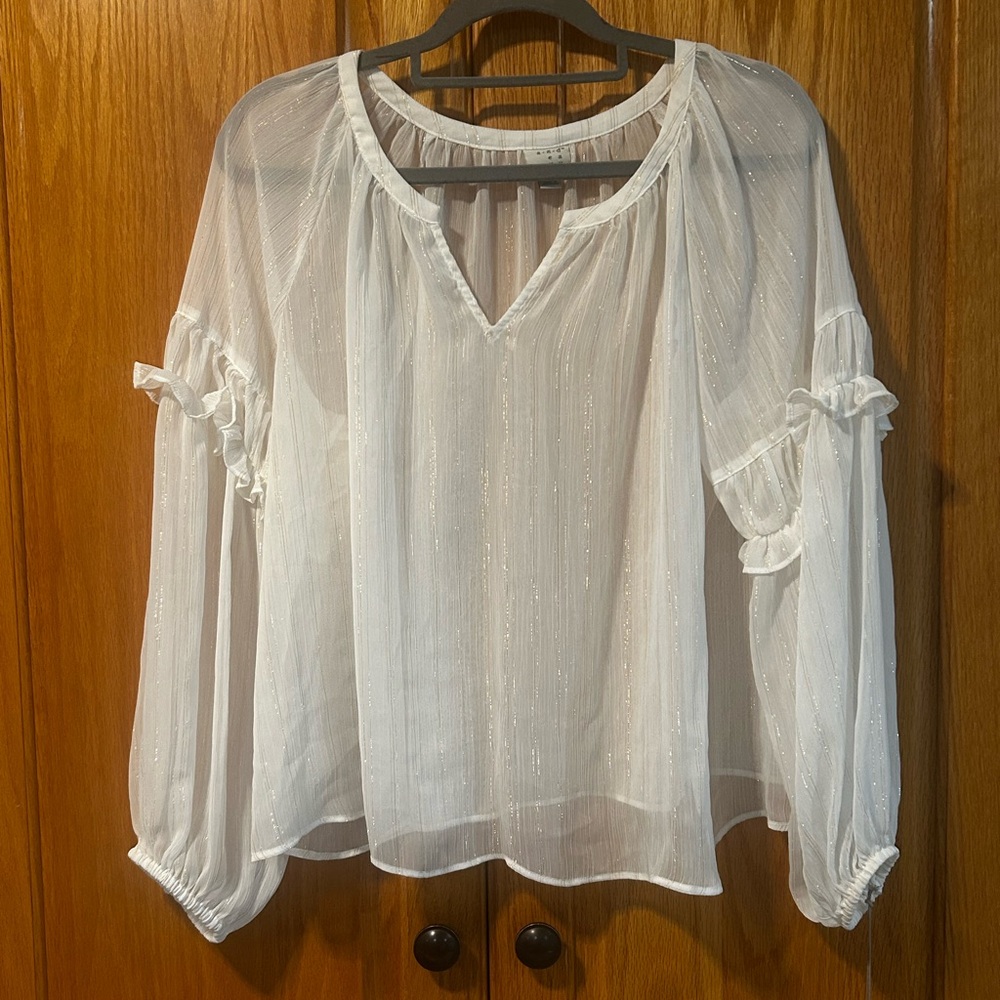White Sheer Ruffle Sleeve Blouse